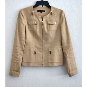 JACKET-ANNE KLEIN-Gold-Cotton Linen Blend-Zippers-Long Sleeves-Lined-Size SMALL